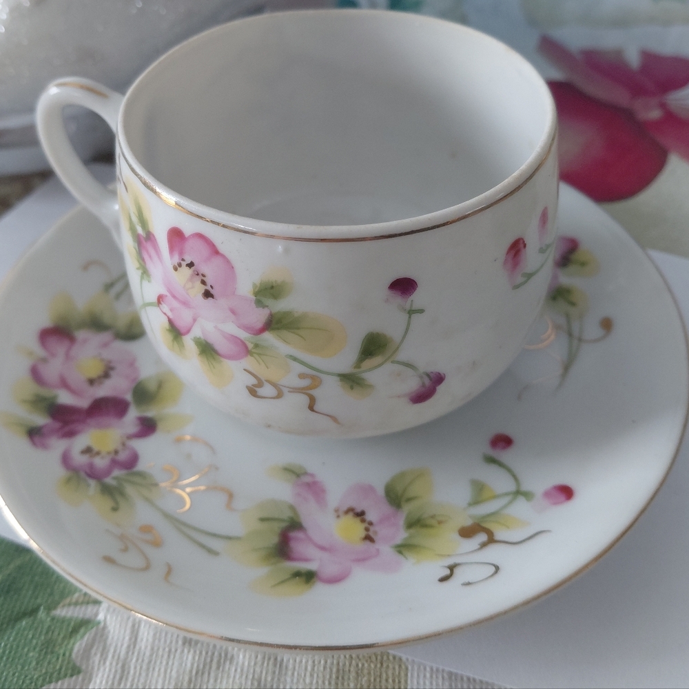 Nippon Hand Painted Floral Porcelain Tea Cup and Saucer Set